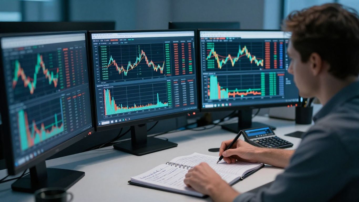 Trader planning position sizes beside market screens