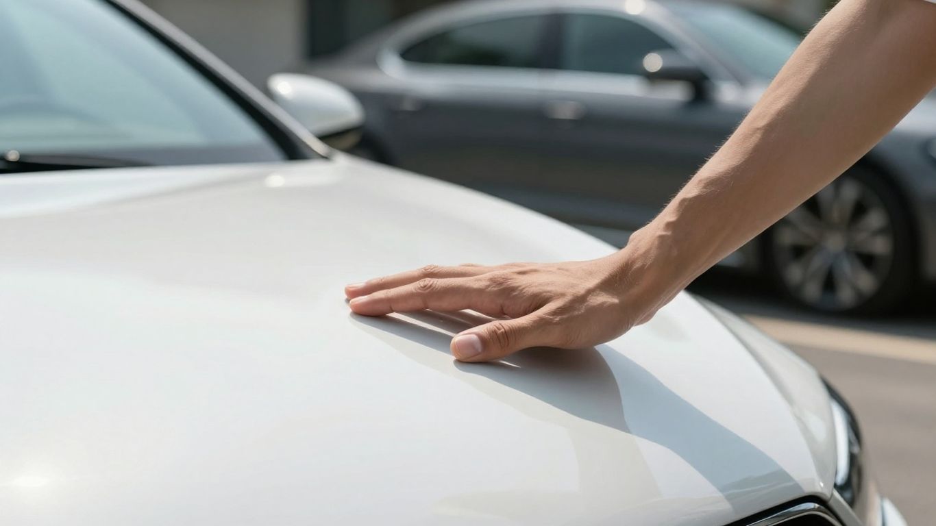 Luxury car with a protective hand on its hood.