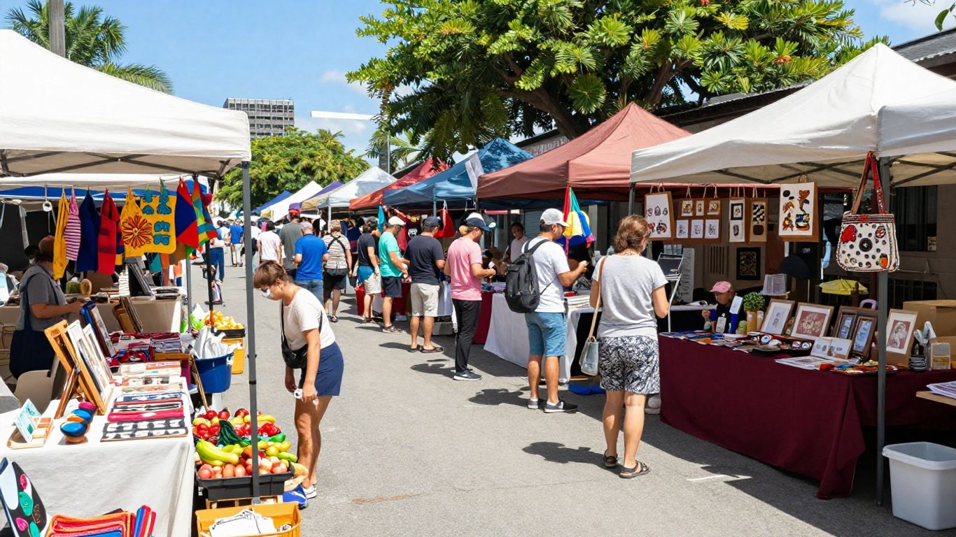 Eumundi Markets stalls with crafts and produce