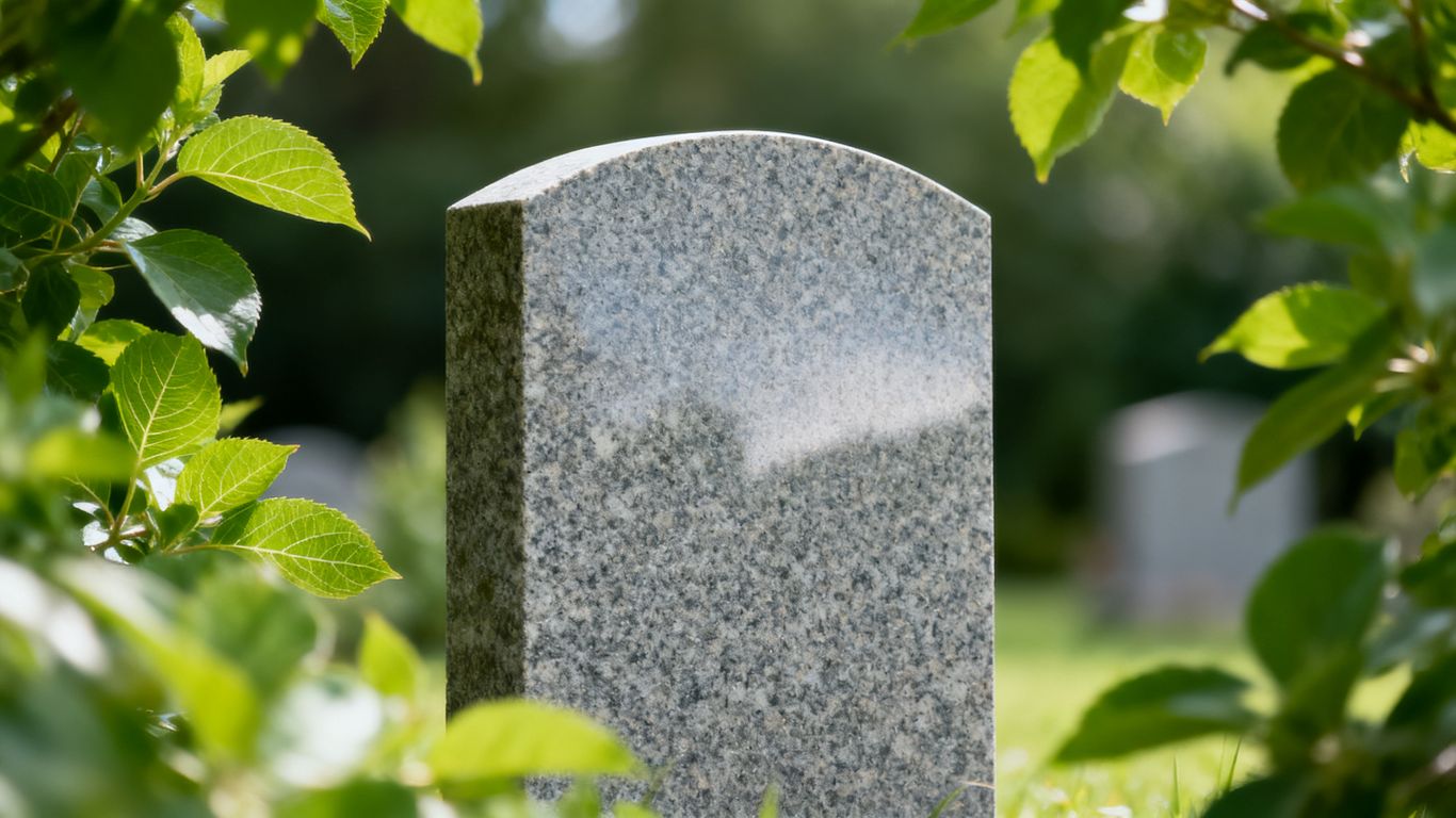 An elegant granite headstone in a quiet field