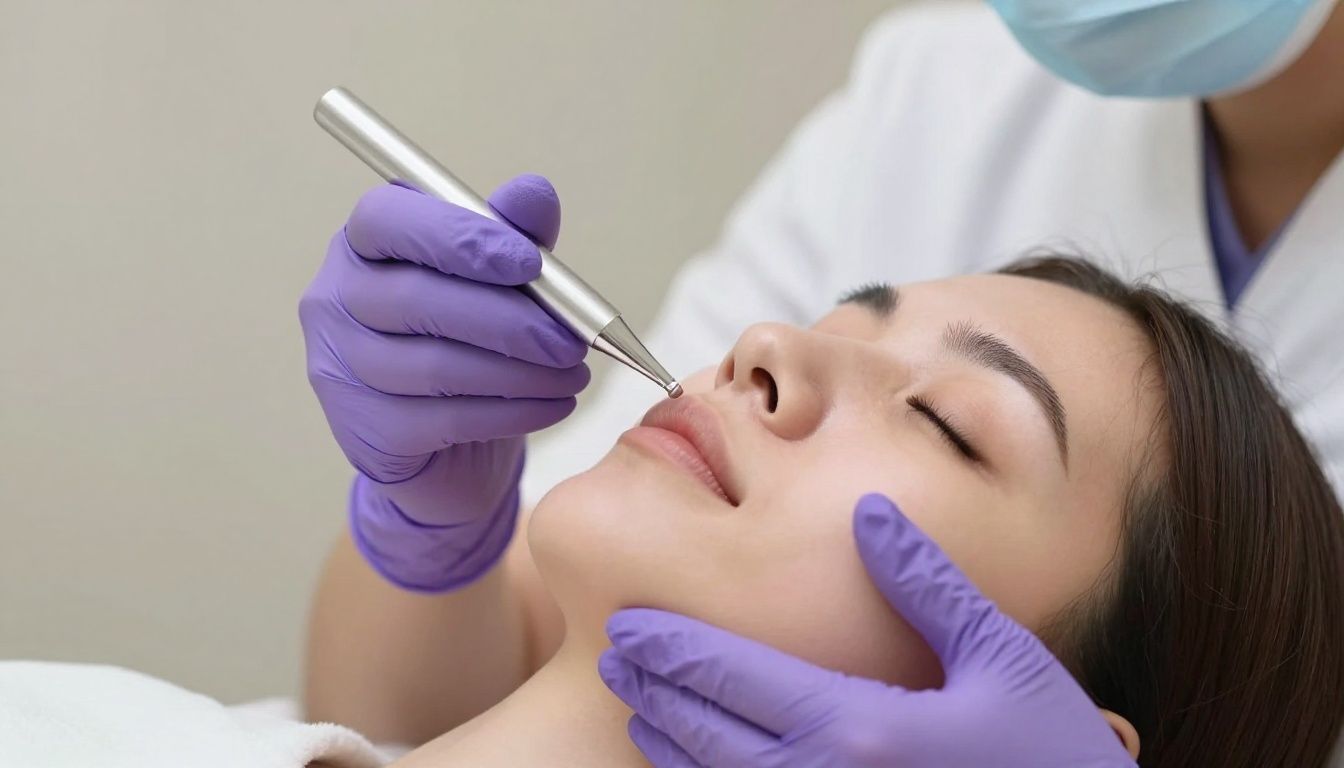 A close-up shot of a friendly medical spa professional's hands, wearing purple nitrile gloves, gently holding a skincare tool over a client's cheek.