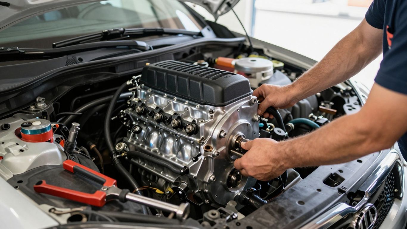Mechanic installing a used Kia engine in Melbourne.