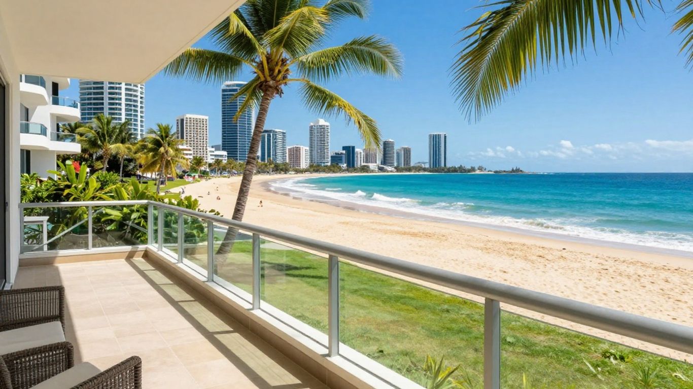 Broadbeach holiday rental with ocean view and palm trees.