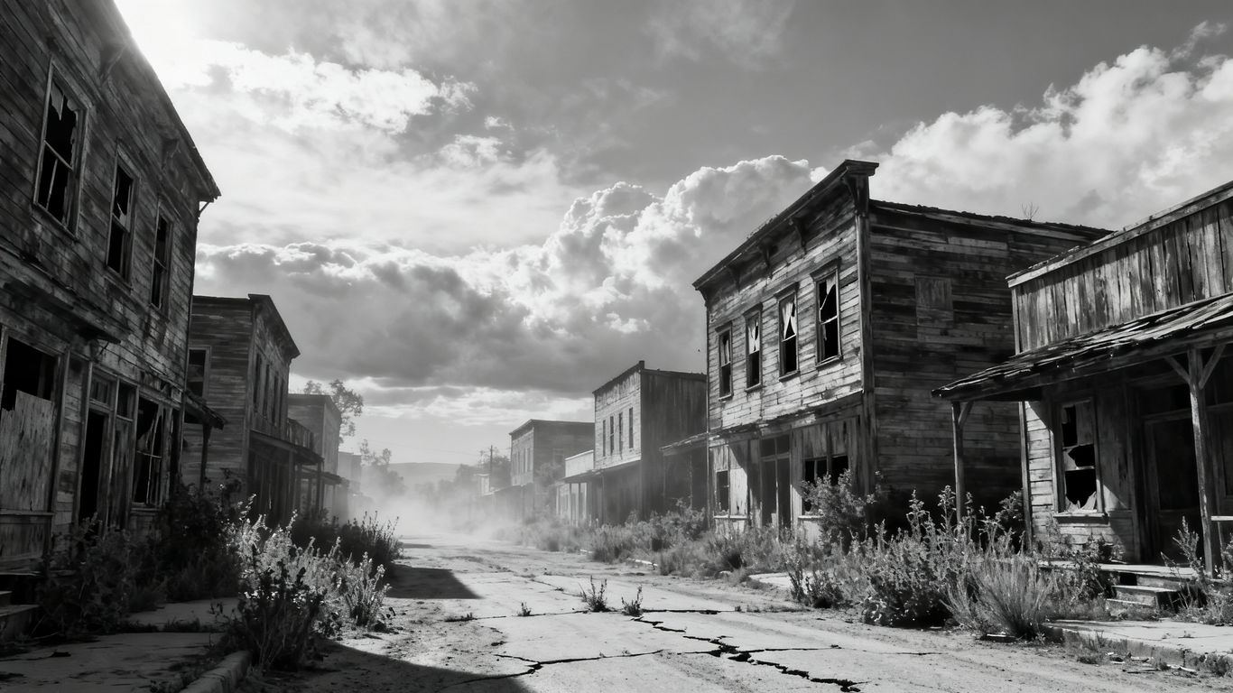 Abandoned ghost town with decaying buildings and overgrown streets.