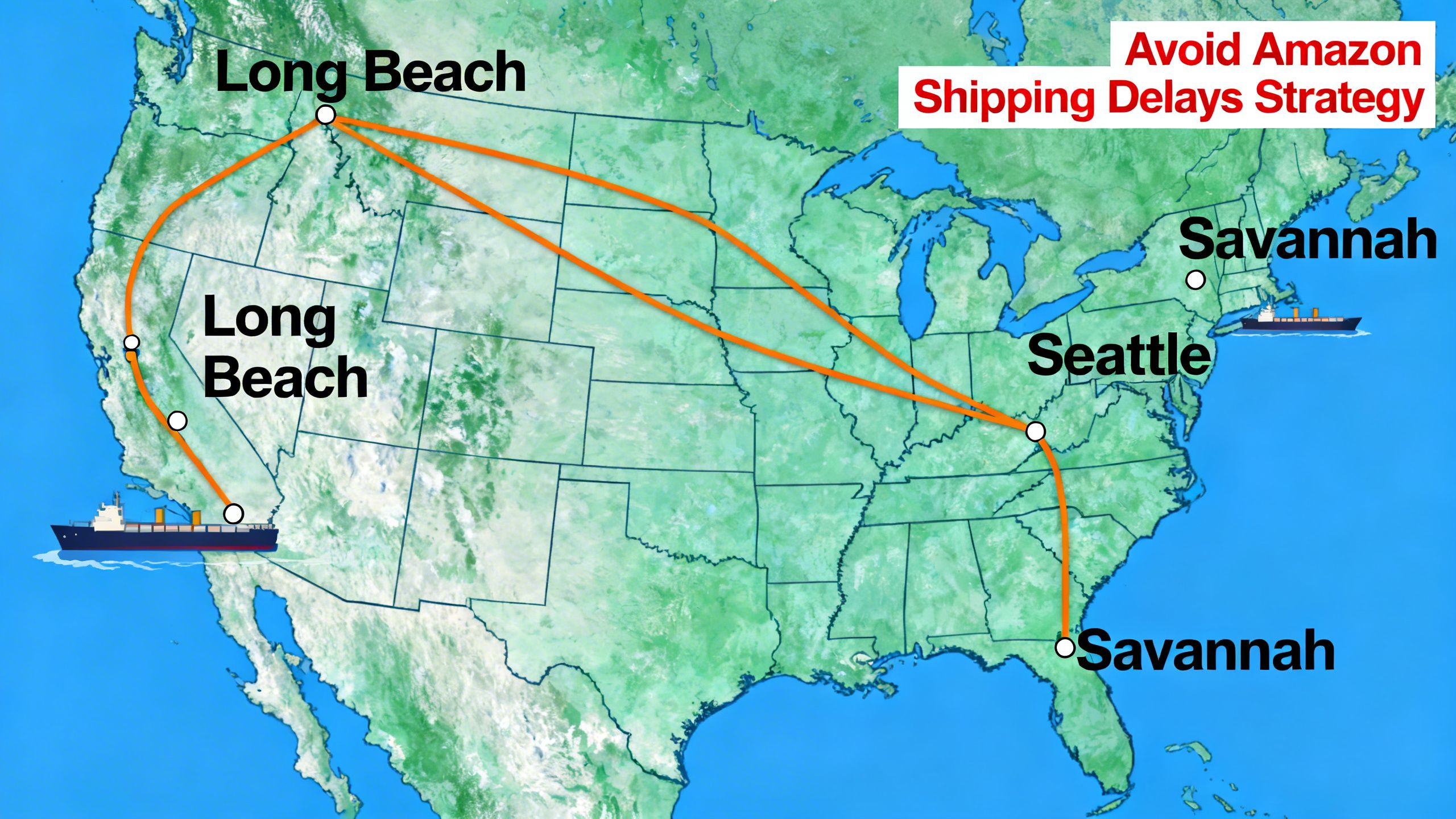 A map of the United States showing diversified shipping routes from China to multiple ports like Long Beach, Seattle, and Savannah, illustrating a strategy to avoid Amazon shipping delays.