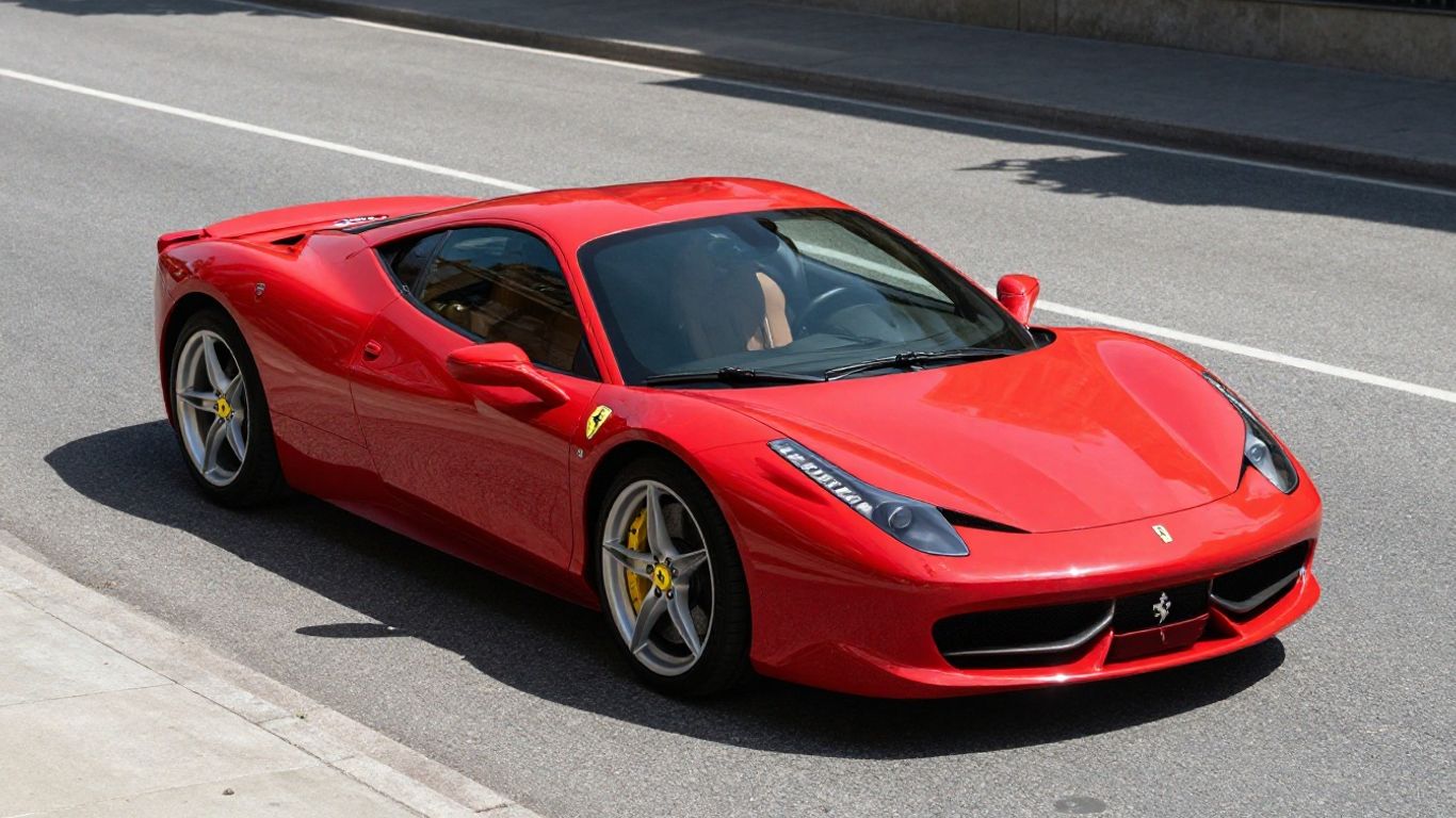 Red Ferrari 458 Italia parked on asphalt road.