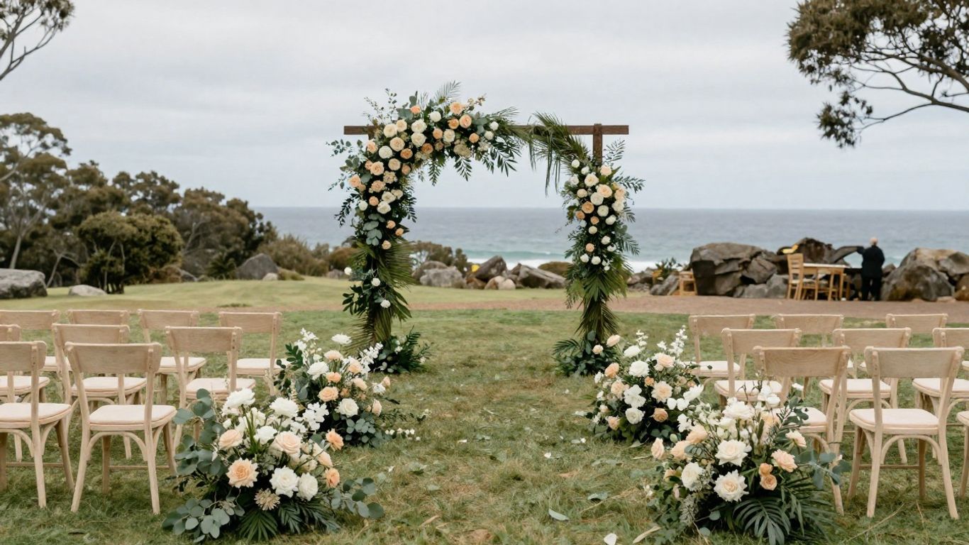 Elegant wedding flowers arranged across a coastal venue