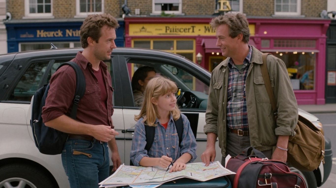 Chevy Chase and family beside European landmarks