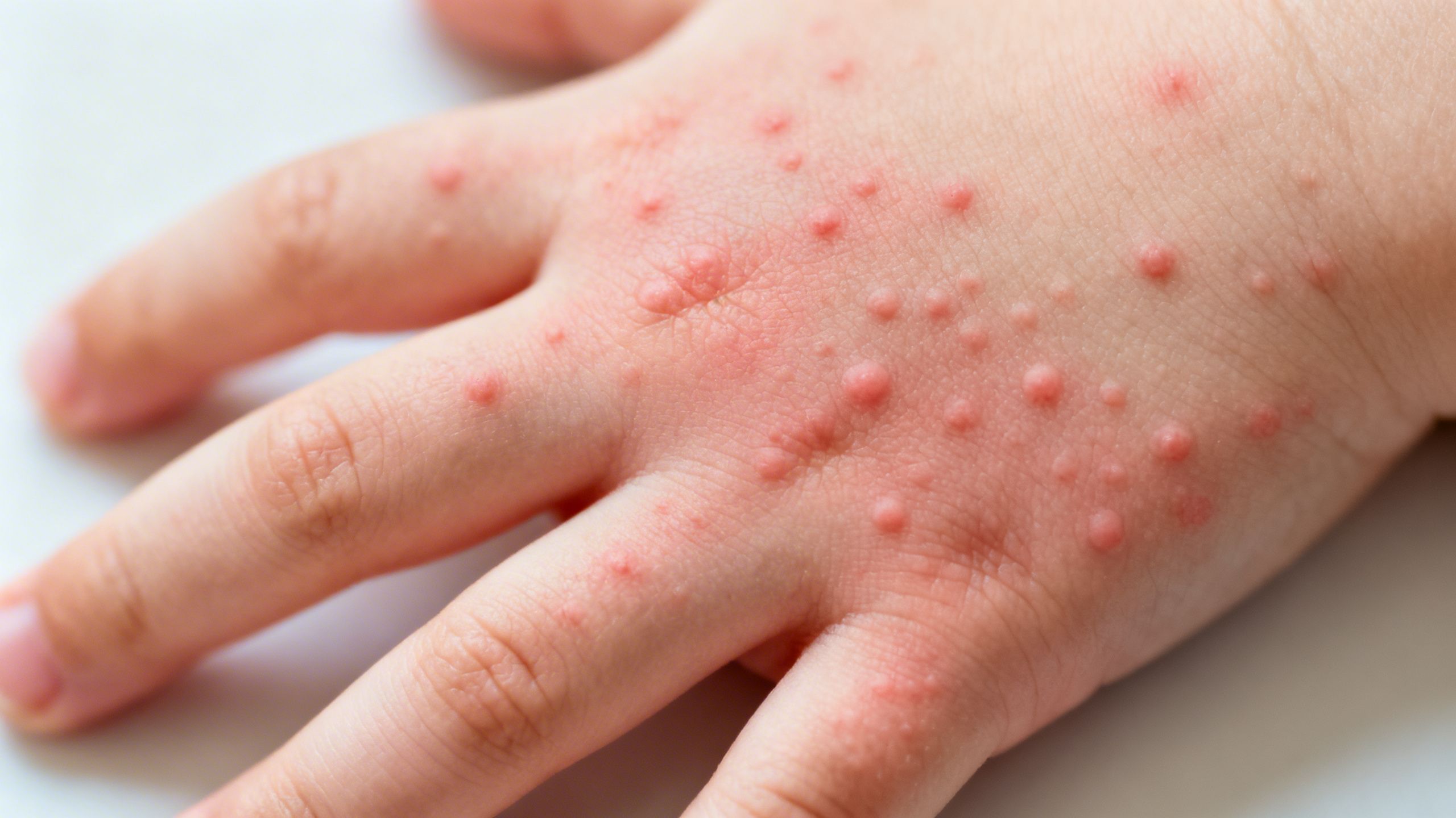 Child's hand with red, itchy urticaria hives.