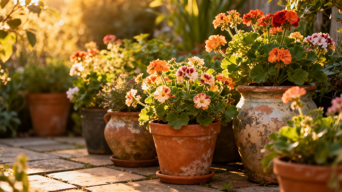 Compact perennials in pots on a patio.