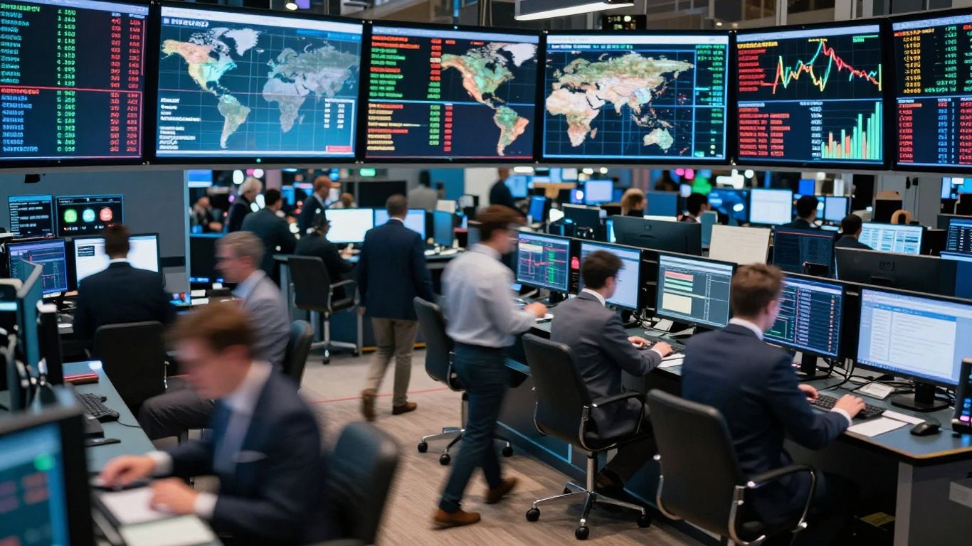 Global financial markets with trading floor and currency exchange.