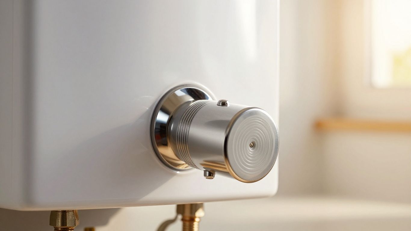 Modern water heater unit with gleaming metallic surface.