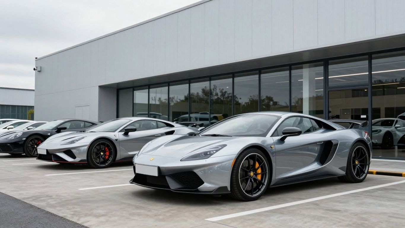 Luxury British cars outside modern factories