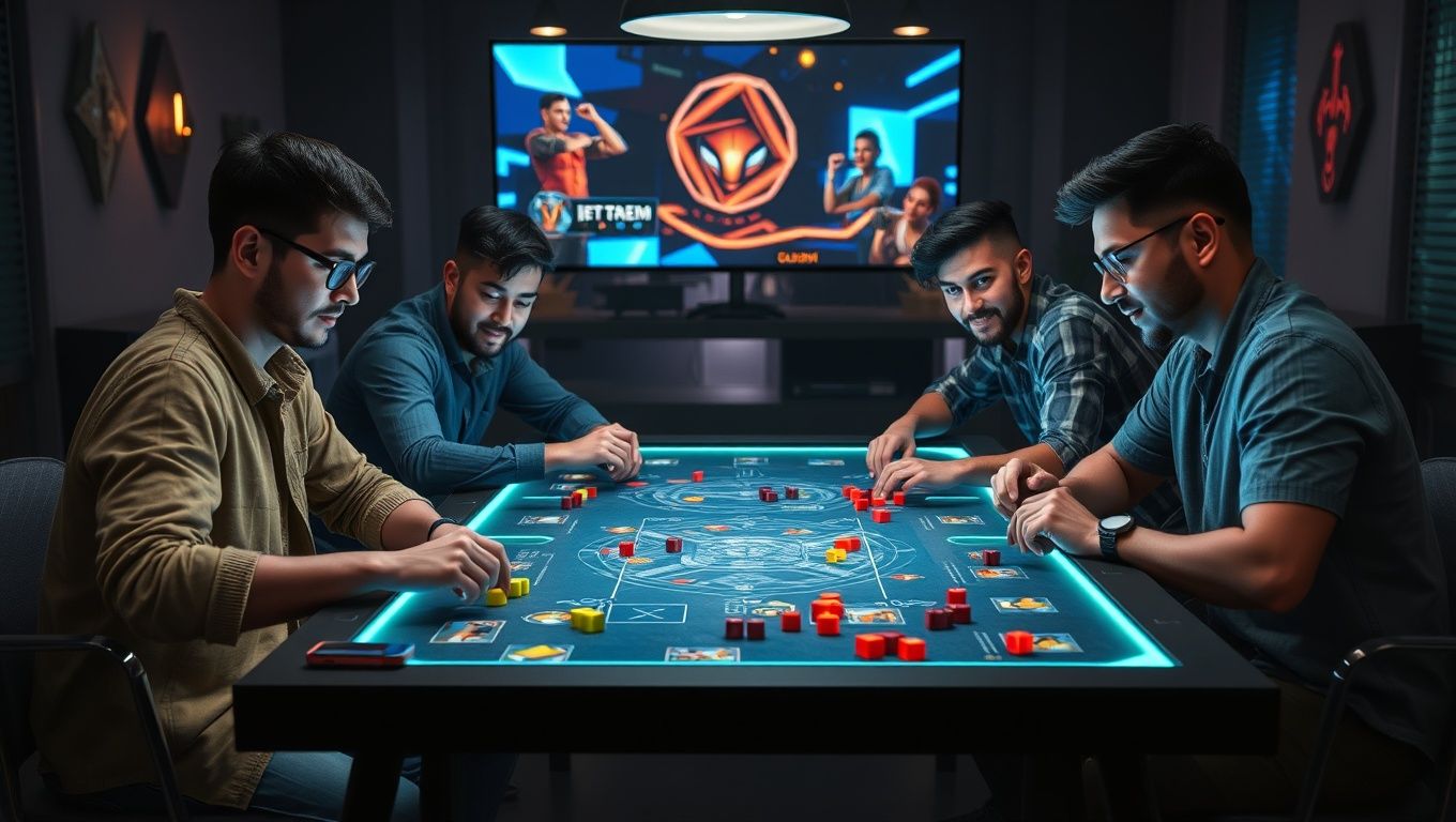 Um grupo de amigos jogando jogos de tabuleiro modernos em uma mesa digital com gráficos vibrantes e peças de estratégias