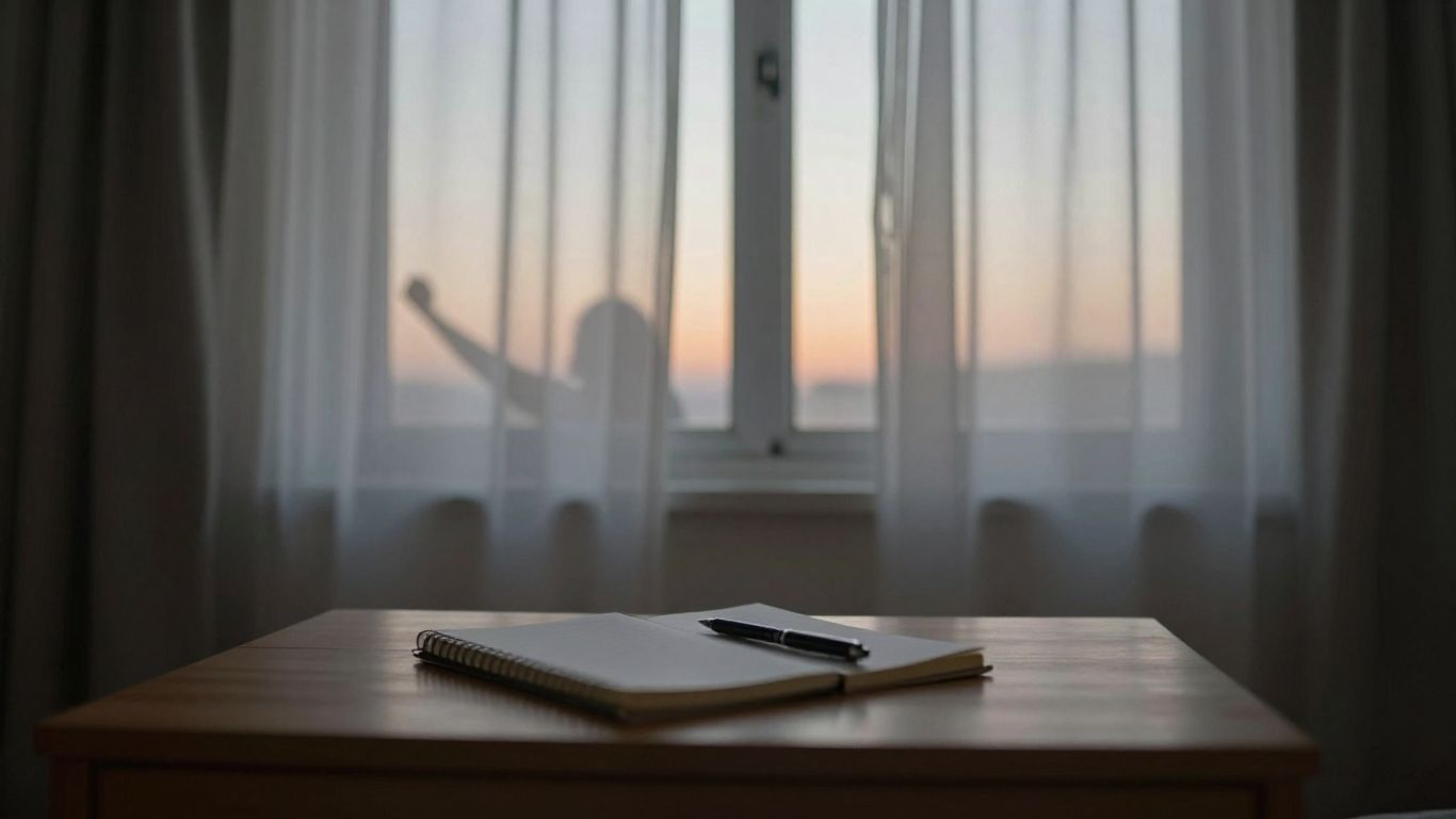 Person stretching in morning light, notebook on table.