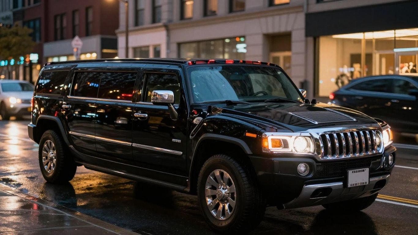 Black Hummer limousine parked on a city street at night.