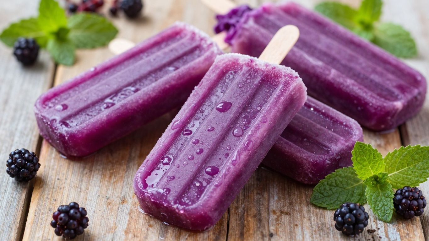 Homemade elderberry popsicles on a wooden surface.