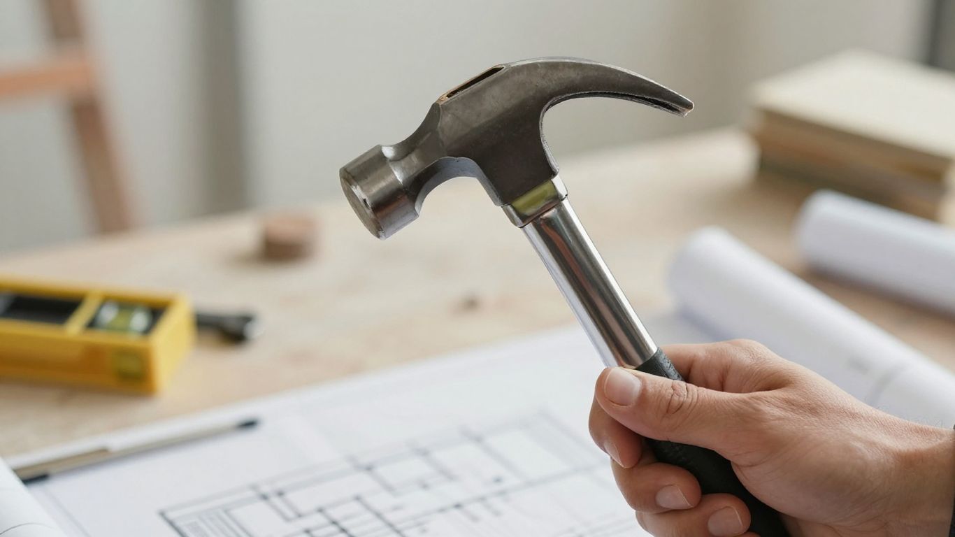 Hammer and blueprint for filing a mechanic's lien in Texas.