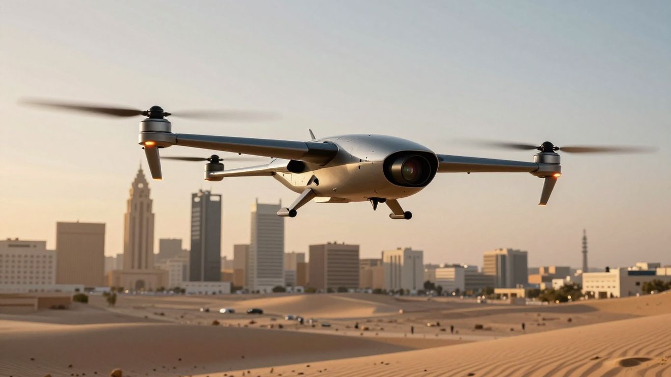 Drone interceptor poised for action over Gulf city.