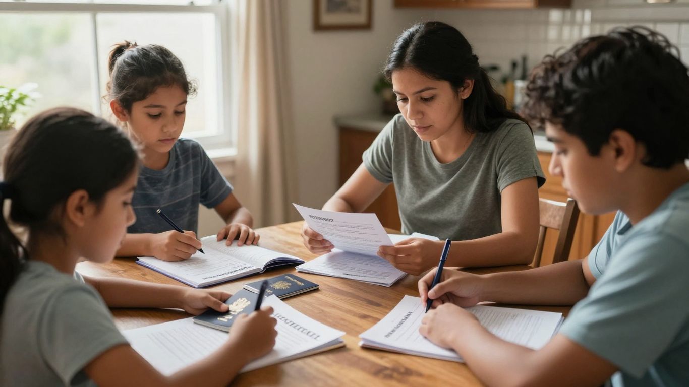 Familia revisando documentos migratorios juntos