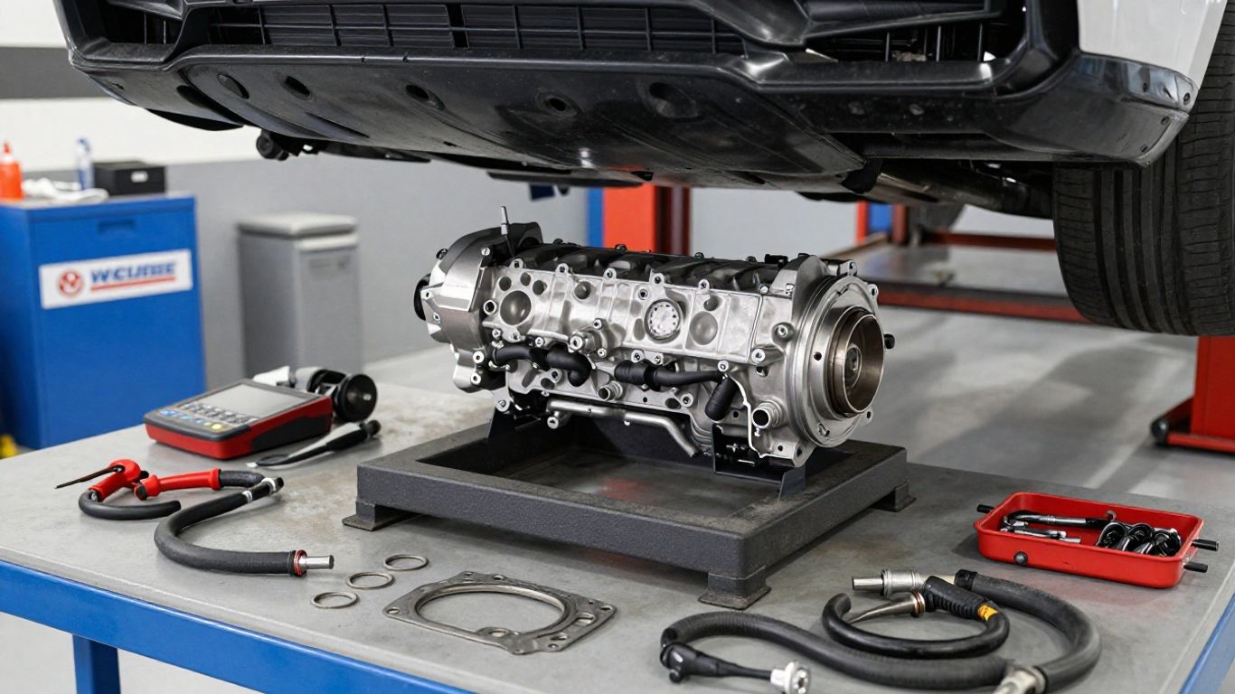 BMW replacement engine in a clean workshop