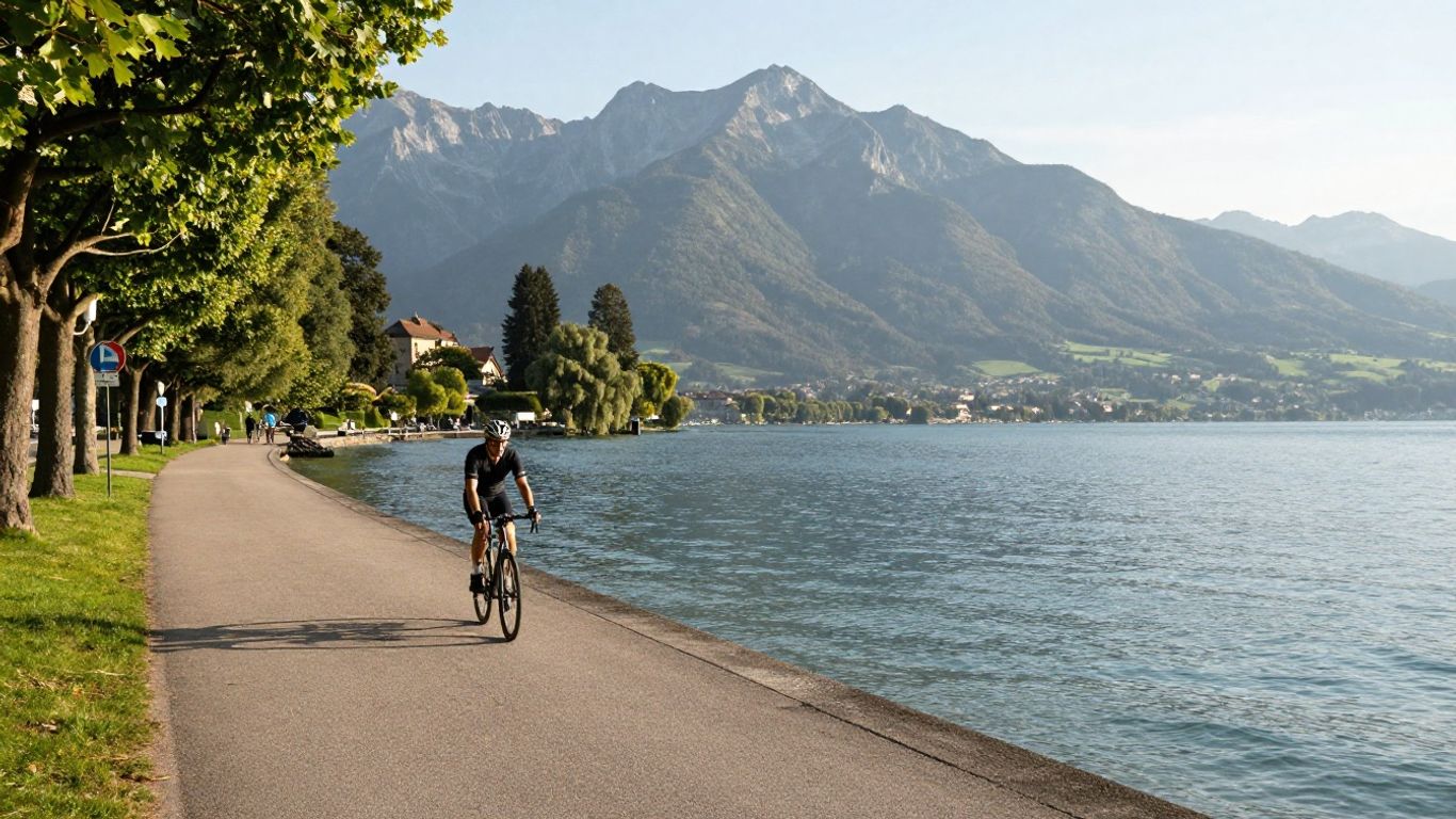 Lake Annecy cycleway winding past calm blue water
