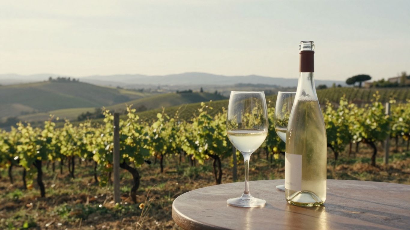 Verdicchio glasses beside Marche vineyard hills