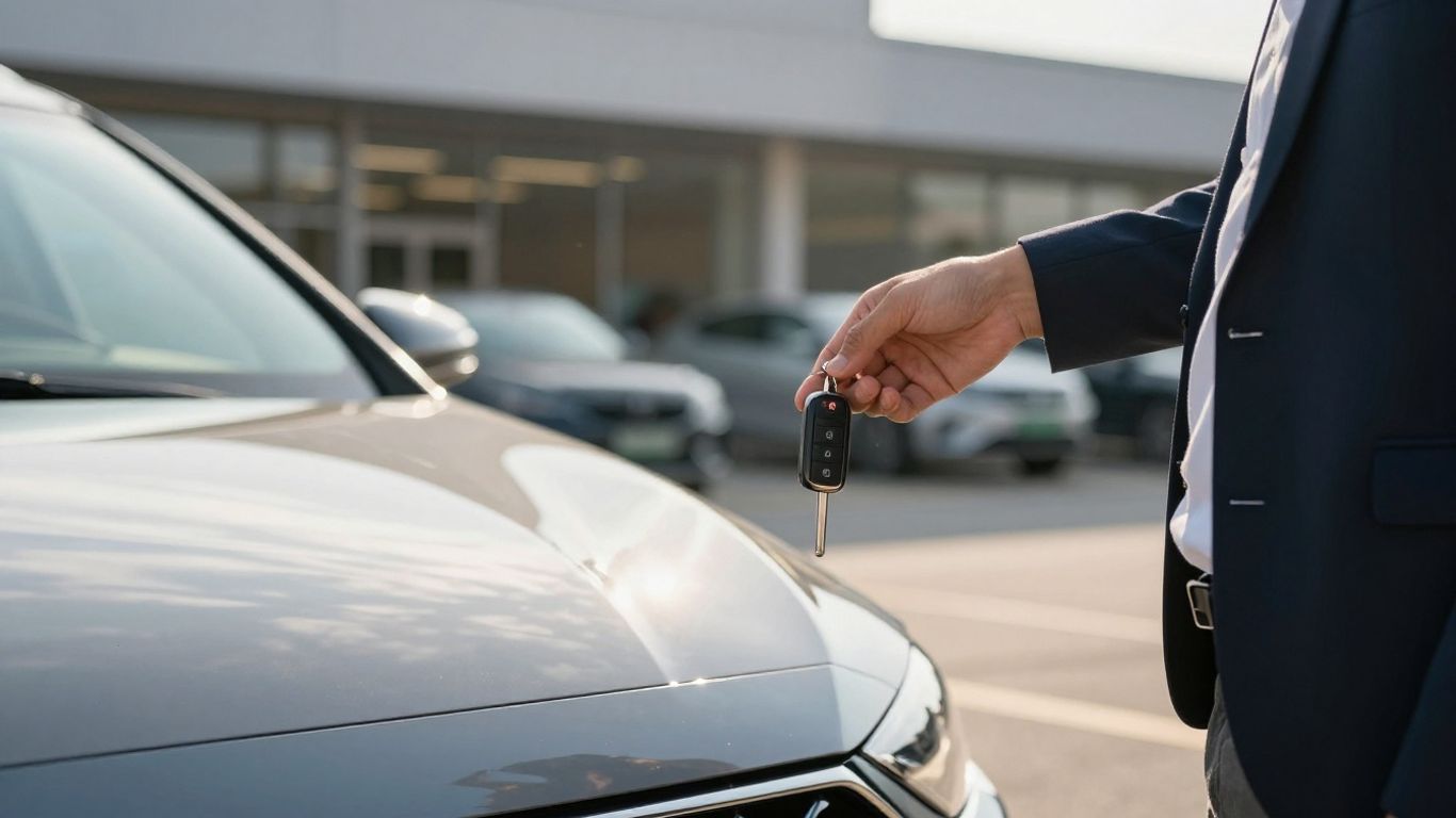 Person holding car keys near a new car.