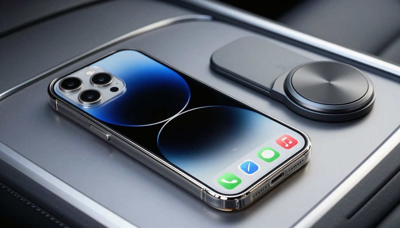 A close-up of an iPhone 16 Pro Max with a clear case being attached to a MagSafe car mount in a vehicle.