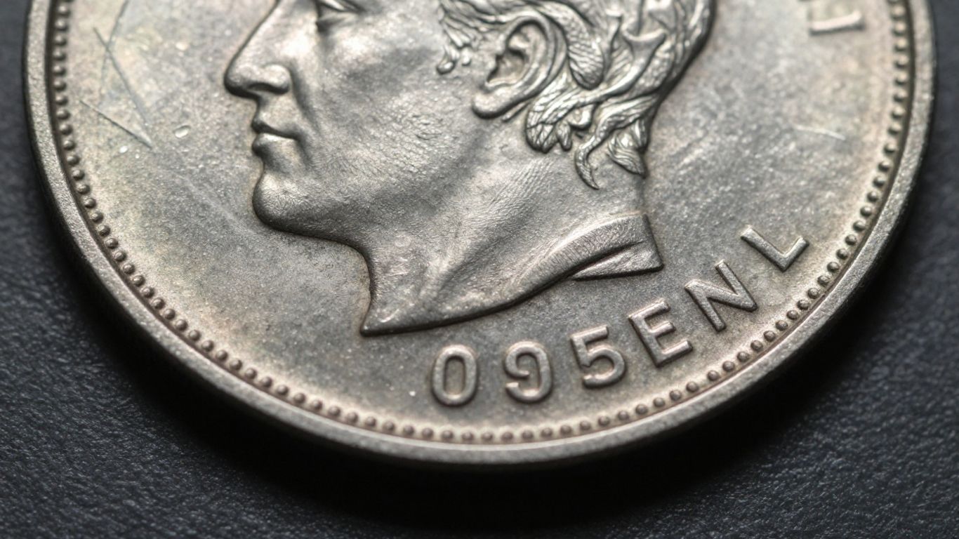 Close-up of a silver coin's detailed surface.
