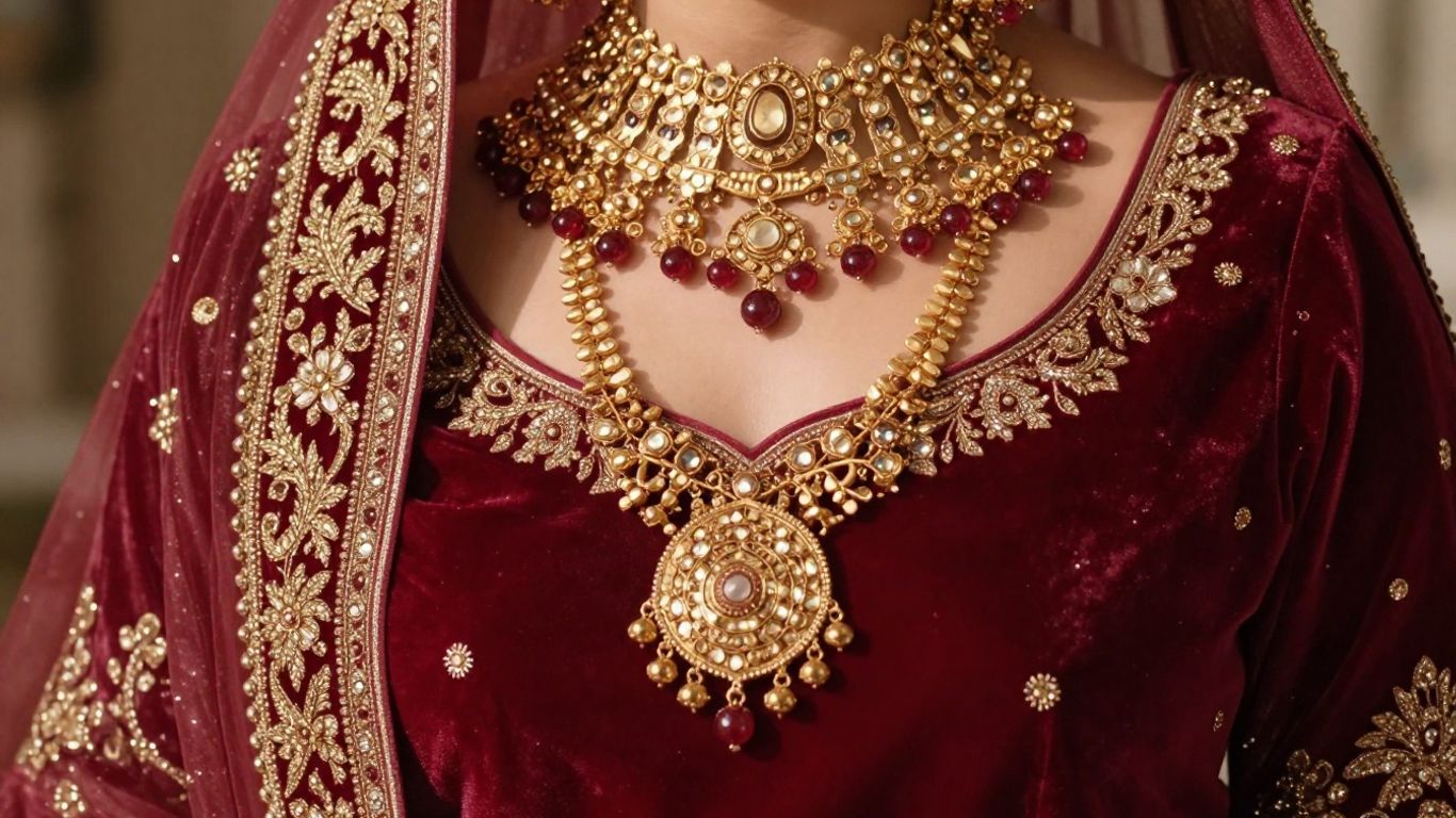Bridal gold jewellery with red lehenga