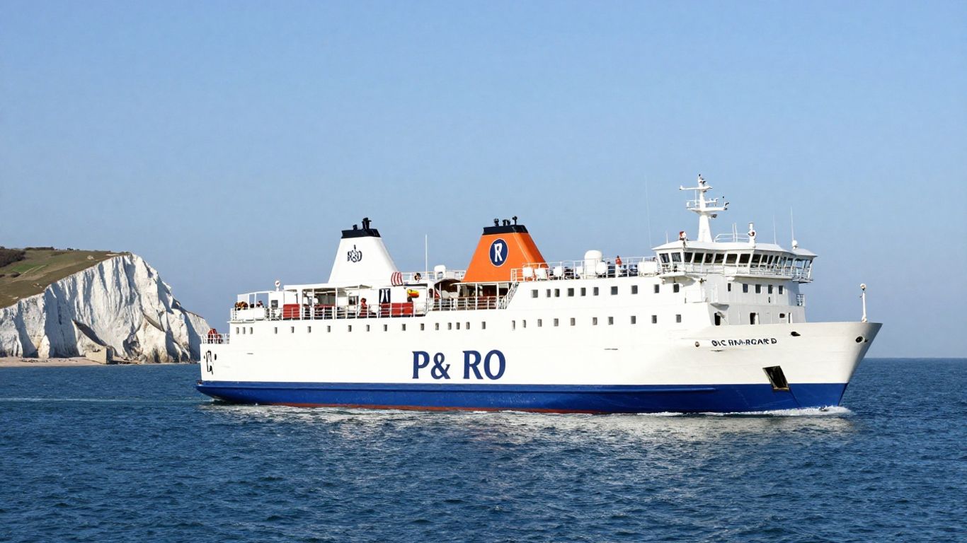P&O ferry approaching Dover cliffs on a sunny day.