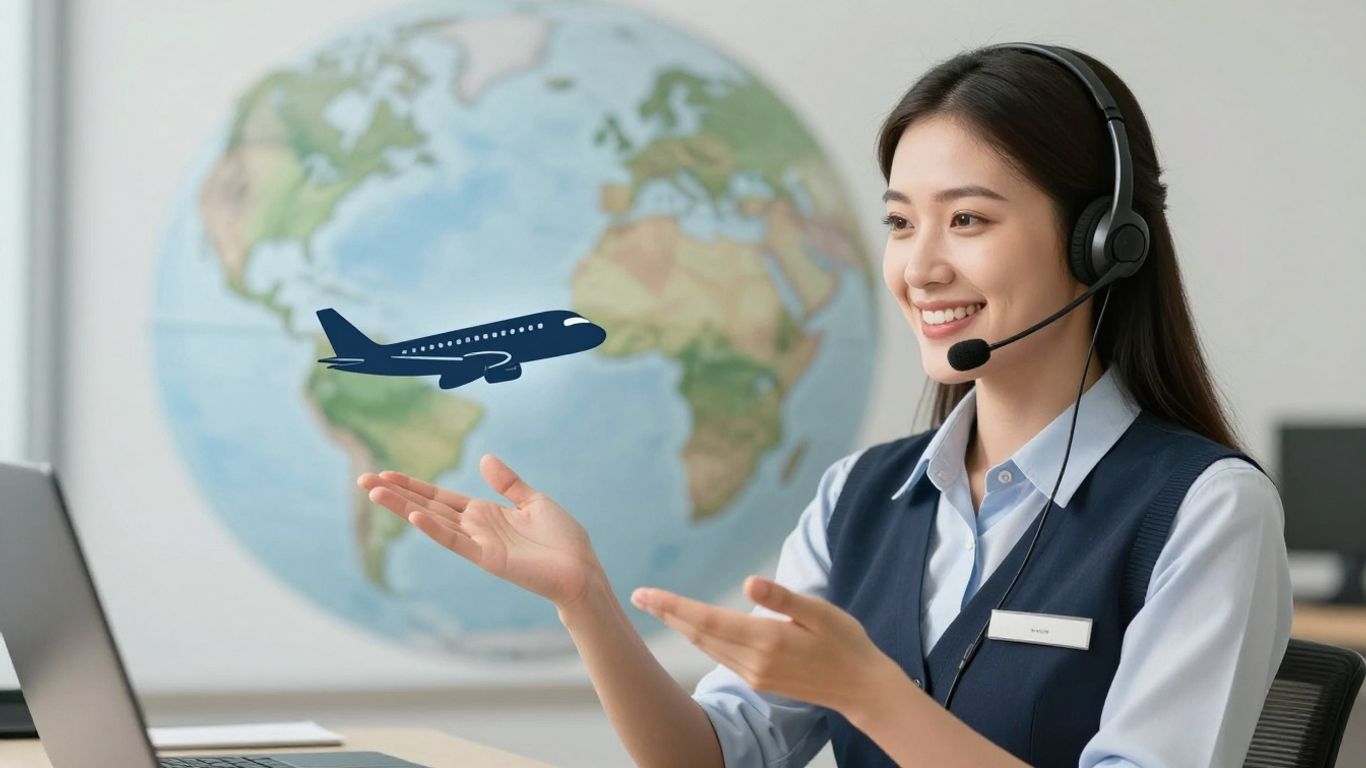 Customer service agent assisting with travel bookings.