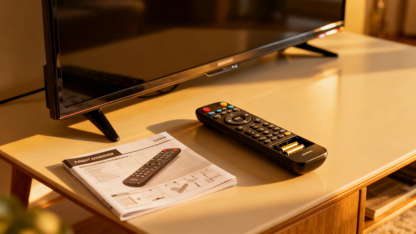 Remote control beside television manual