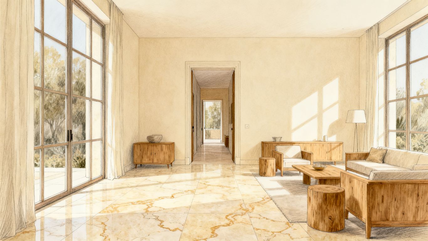 Travertine flooring beside a bright open living area