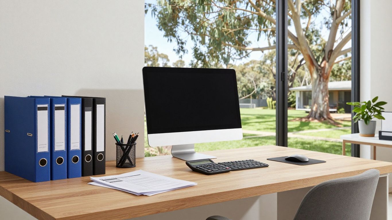 Interior view of a modern Australian home office with clear tax paperwork files and a calculator