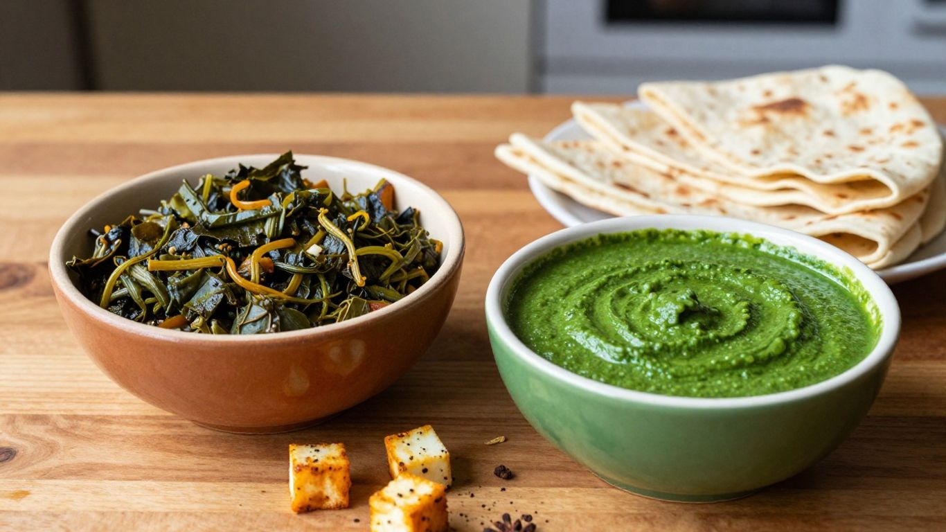A bowl of saag beside palak curry