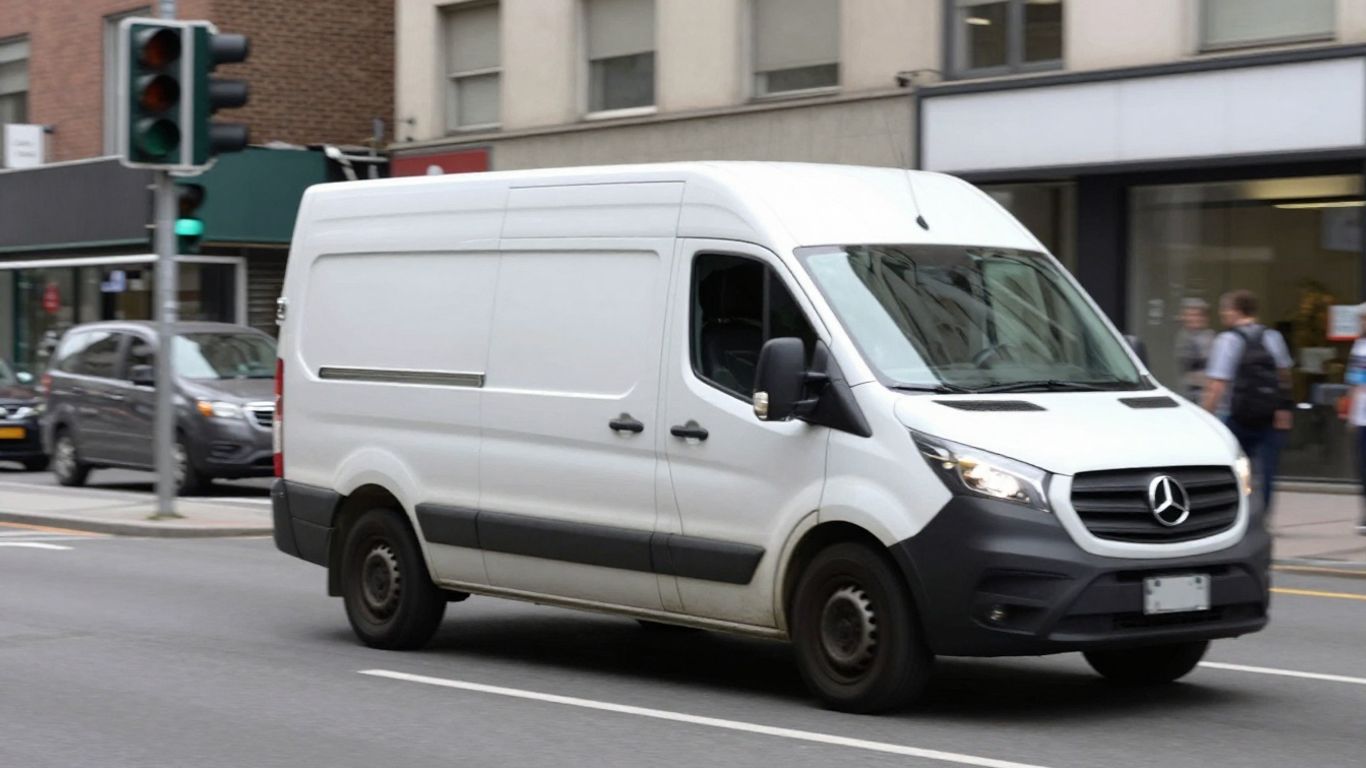 Photographic view of a delivery van on a city street