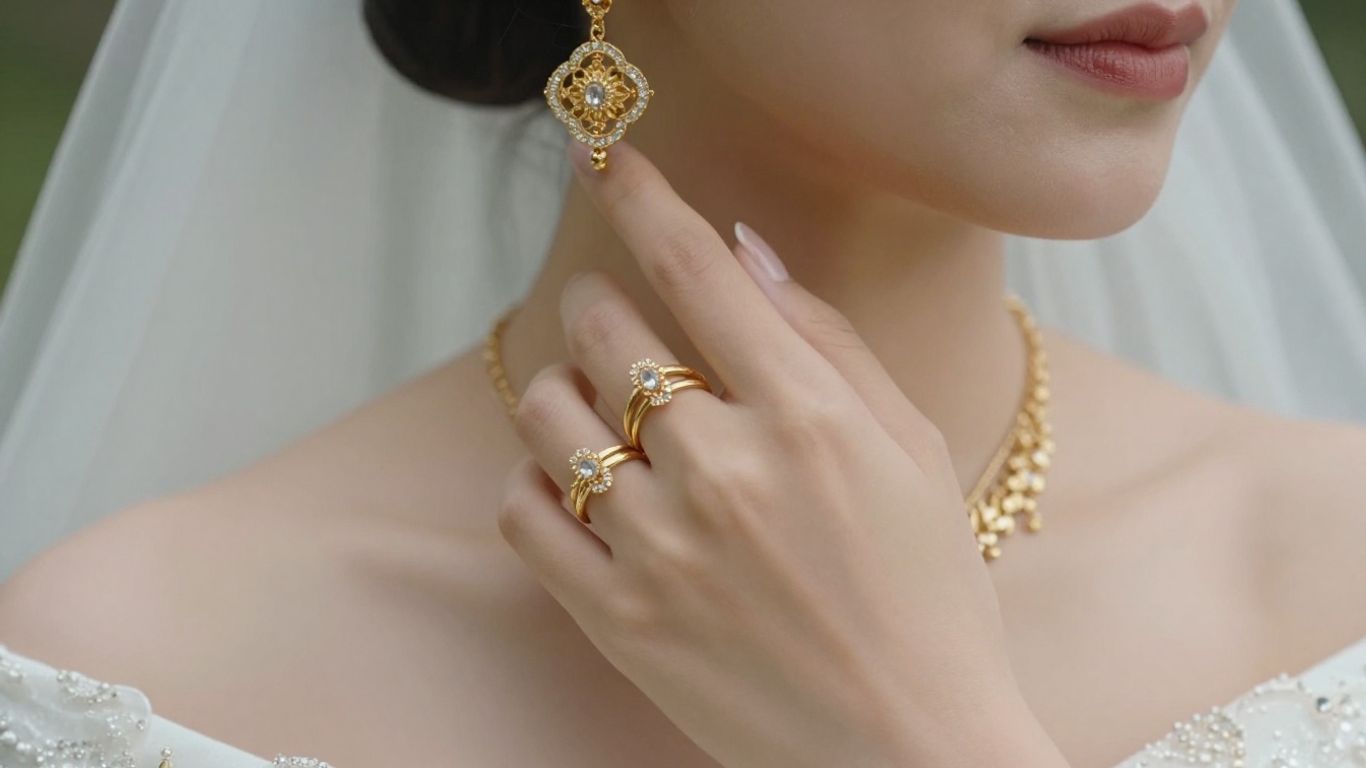 Bride wearing exquisite gold bridal jewellery on her wedding day.