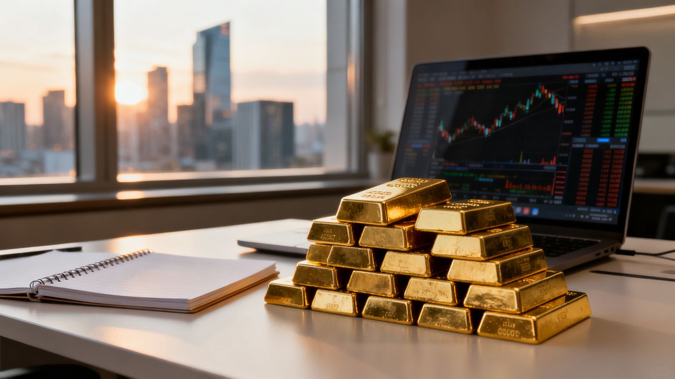 Gold bars beside a changing currency market scene
