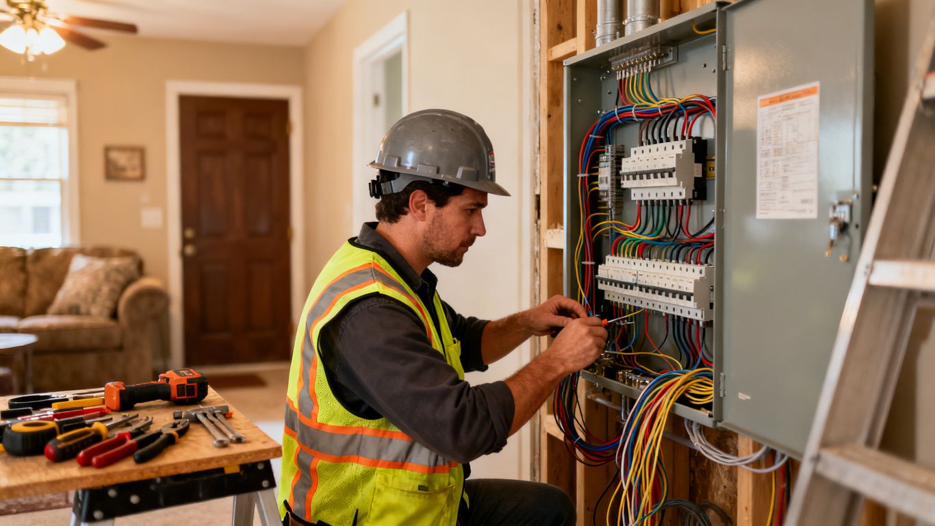 Electrician fixing home electrical panel with tools.