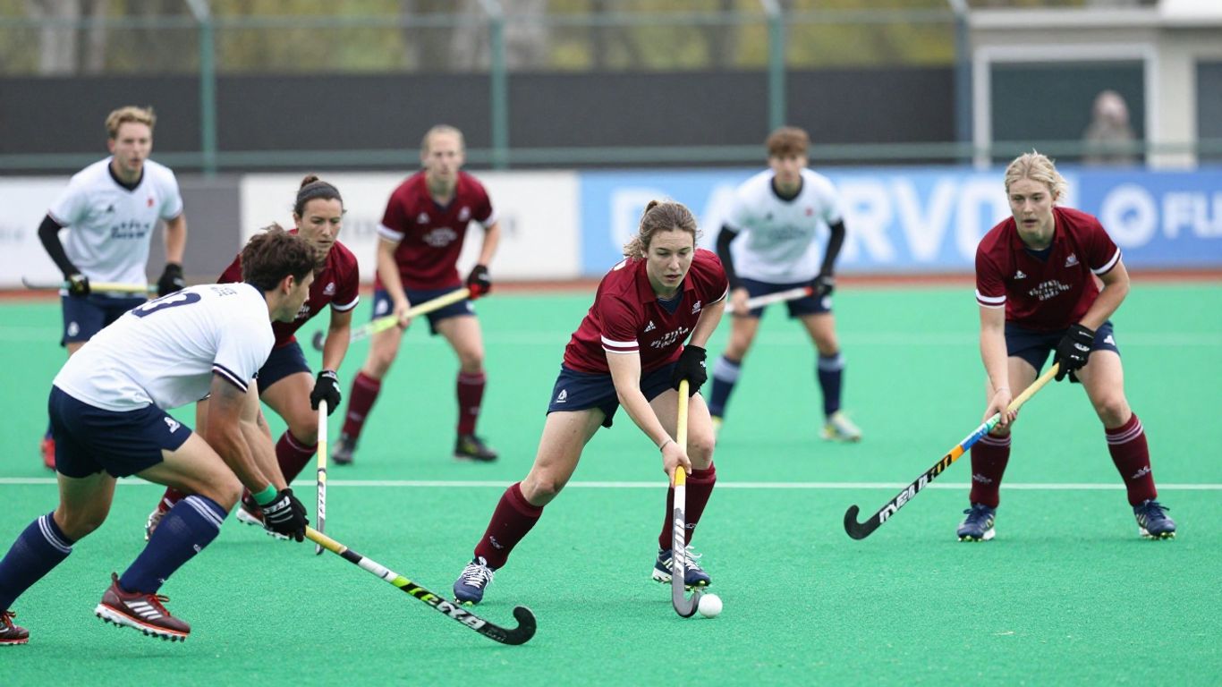 Hockey players in action on a green field.