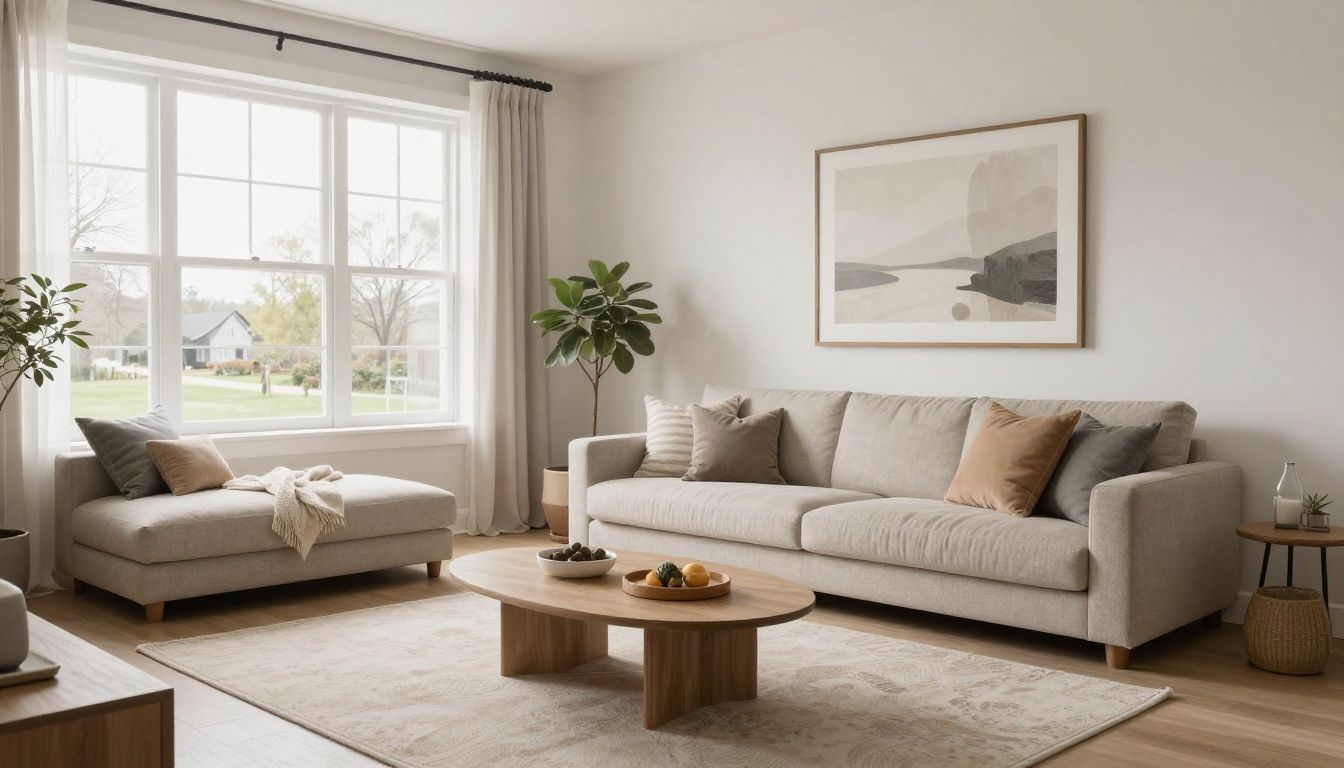 A clean and organized modern living room in a suburban Chicagoland home