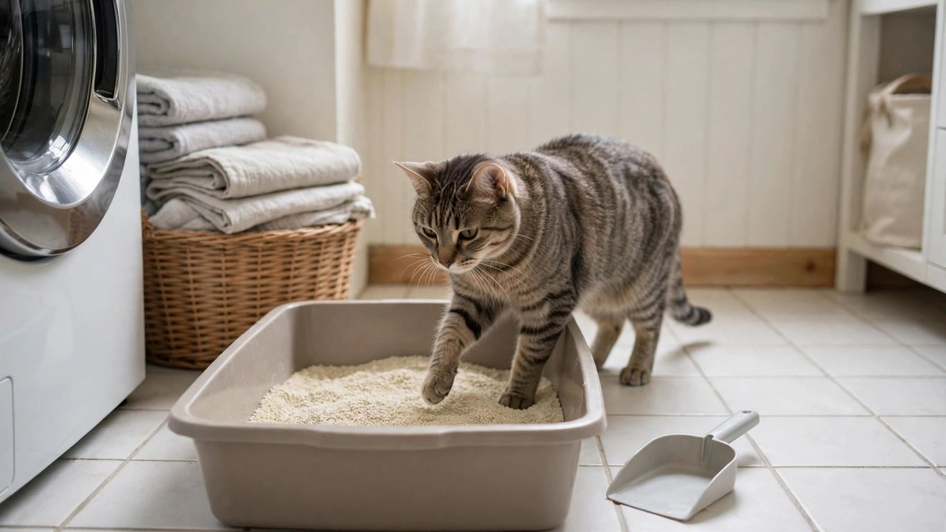 A cat standing in a clean litter box