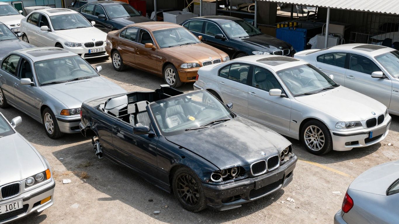 BMW car parts and models at a wrecking yard.