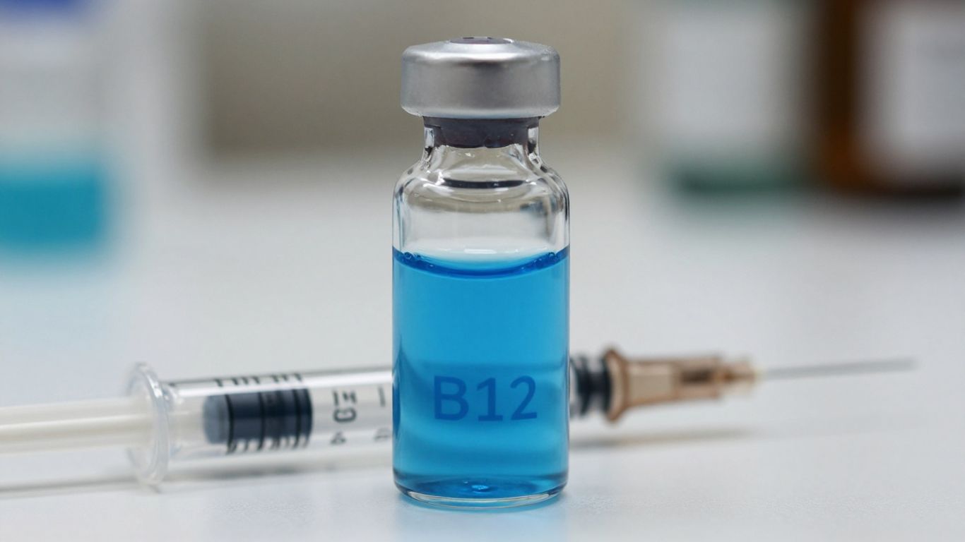 Vial of blue liquid and syringe for B12 injection.
