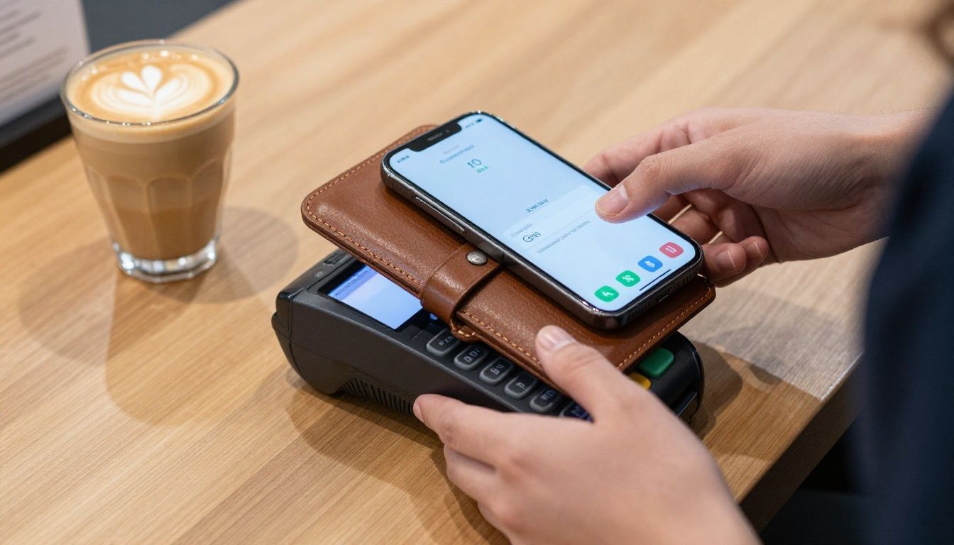 A person in a cafe paying for their coffee by tapping their iPhone 16 in a leather wallet case on the payment terminal.
