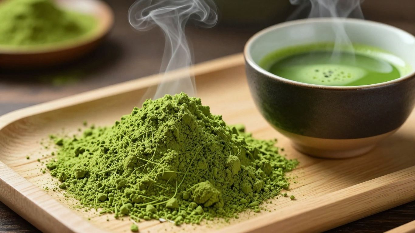 Vibrant green matcha powder and frothy matcha tea.