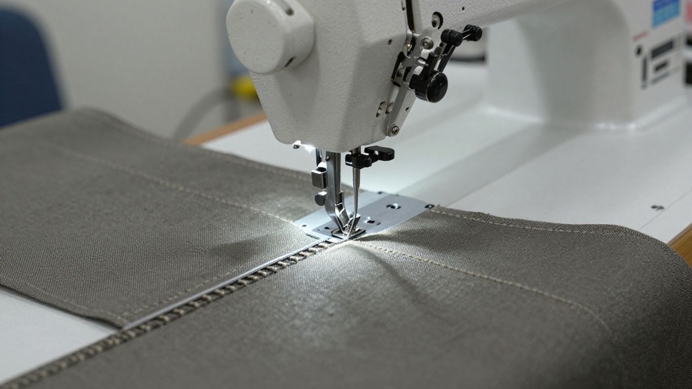 Heavy-duty sewing machines stitching durable book bag material.