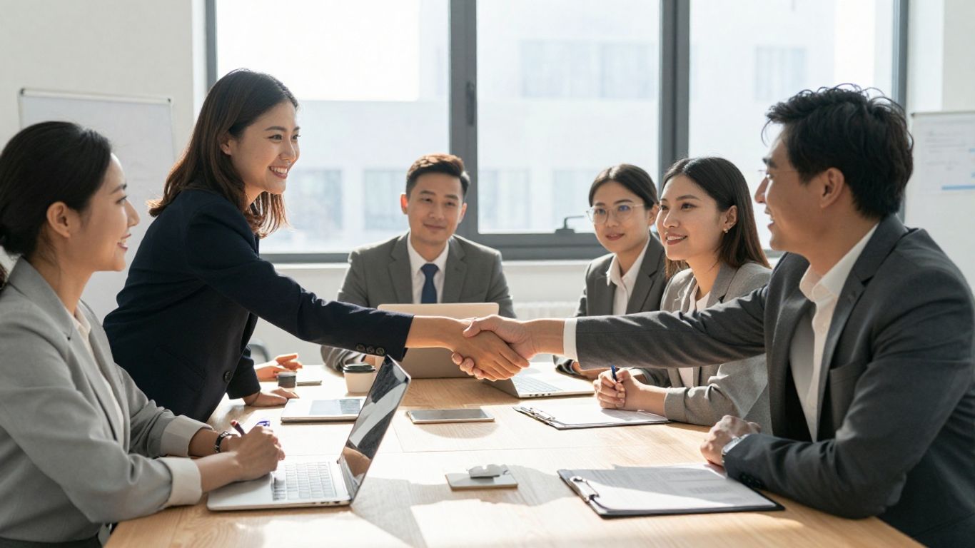 Business professionals shaking hands in a modern office.